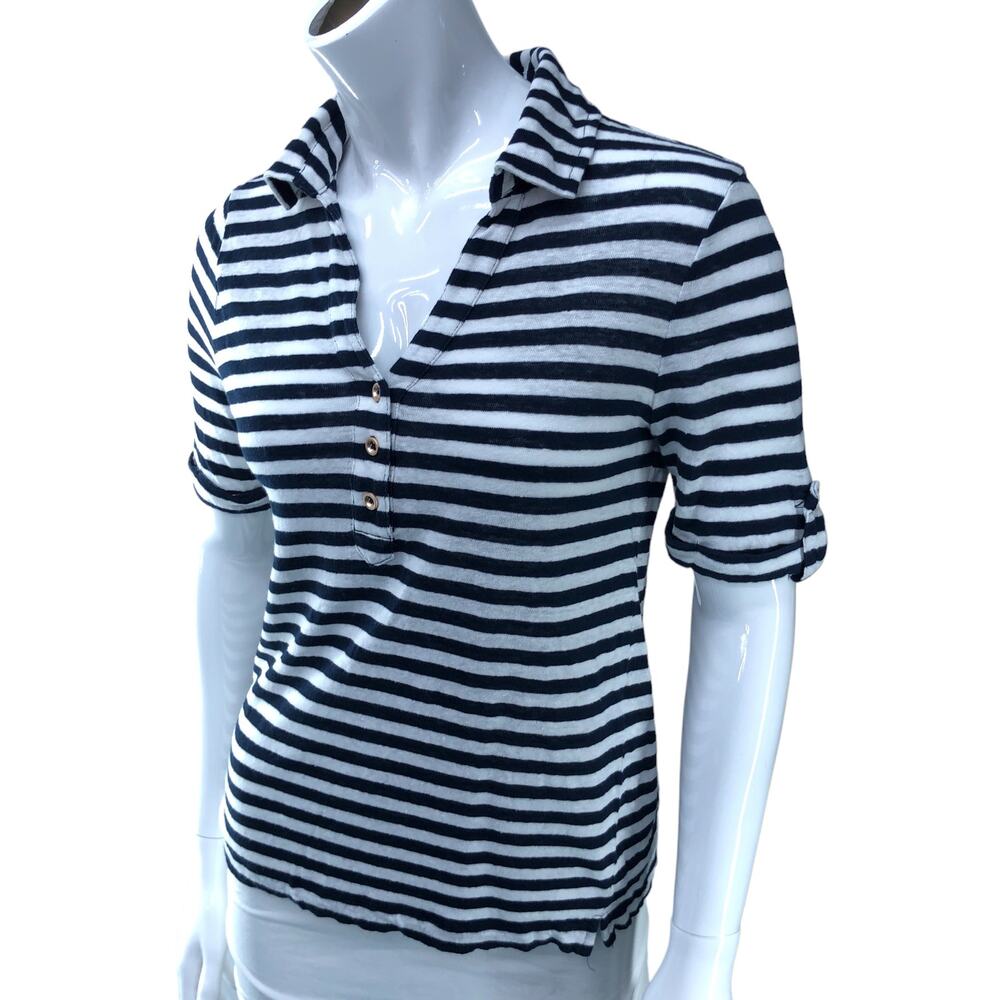 Chicos Womens Size 0 US 4 Small Polo Shirt Blue White Stripe Nautical 100% Linen